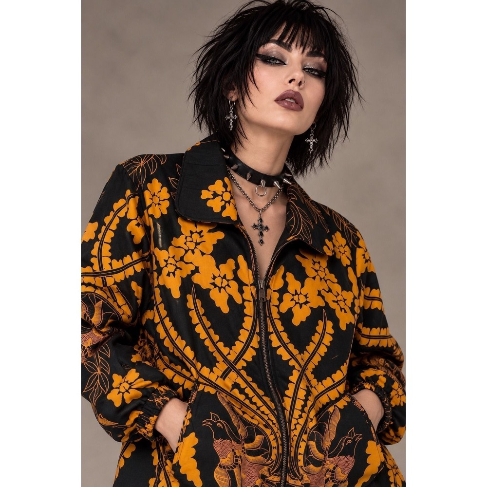 Black Orange Crane Batik Print Zip Jacket Art Wear Large